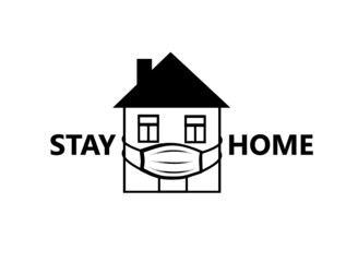 Quarantine sign. Virus epidemic safety design illustration. Creative symbol with house, wearing medical mask and lettering "Stay home", "Stay safe" over white background.