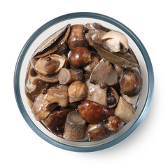 Pickled mushrooms boletus in a glass plate on a white background. Isolated pickled mushrooms. Top view