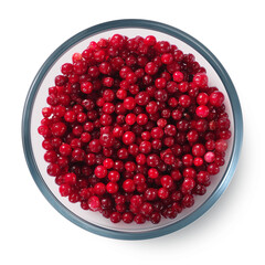 Frozen lingonberries in a glass plate on a white background. Isolated frozen berries. Top view