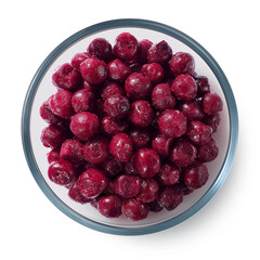 Frozen cherry berries in a glass plate on a white background. Isolated frozen berries. Top view