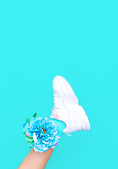 Fashion white shoes. Sneakers. Minimal aesthetic monochrome design.  Trendy colours blue