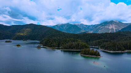 Wonderful Eibsee in Bavaria at the German Alps from above - aerial view