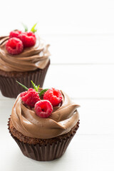 Chocolate cupcakes with fresh raspberries , white background