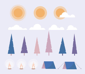 Set of Element for camping. Trees, sun, cloud, tent and bonfire to illustrate overnight in the forest