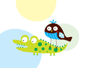 cute crocodile and bird cartoon vector