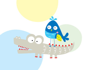 cute crocodile and bird cartoon vector