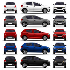 realistic cars set. hatchback. front view, side view, back view.