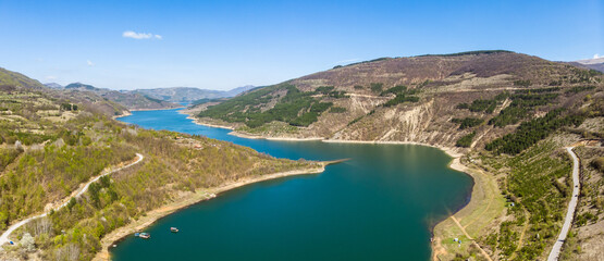 Fototapeta na wymiar Zavoj lake near the Pirot town and Paklestica village in Serbia. Aerial view.
