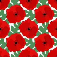 Seamless pattern with Flower red poppies Papaver rhoeas, corn rose, field poppy, red weed on a white background with leaves