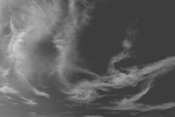 Abstract nature background of dramatic Cirrus or Cirrostratus clouds & soft fluffy white cloudscape on moody black sky & scary gray horizon before storm, Monochrome style image & night scene concept 
