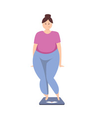 Obese woman on the scales. Excess weight problems. 