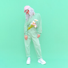 Vanilla Mint urban style. Girl 90s aesthetic. Monochrome color trends. Aqua Menthe mood