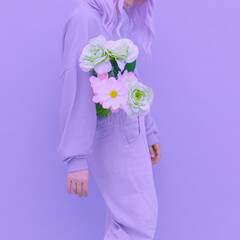 Vanilla summer style. Girl 90s aesthetic. Monochrome color trends. Purple and flowers bloom pastel...