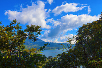 Fototapeta na wymiar Top view to Danau Buyan lake from mountain road, Bali, Indonesia