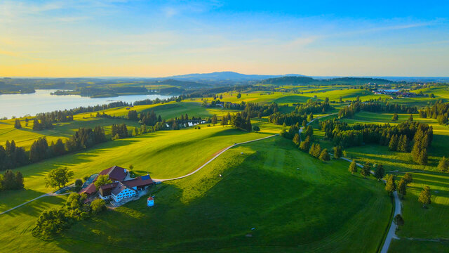 Aerial view over Lake Forggensee at the city of Fuessen in Bavaria Germany