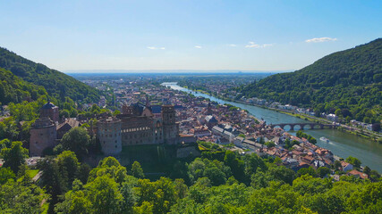 Fototapeta premium Aerial view over the famous city of Heidelberg Germany with Heidelberg Castle and River Neckar