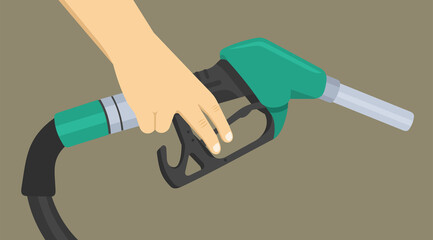 Filling gasoline station pistol in hand. Refinery refueling petroleum tank service tool. Flat vector illustration.