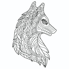 wolf with ethnic ornaments for coloring on a white background for coloring, vector