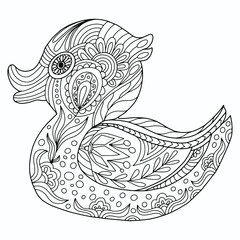 duck with folk style floral ornament for coloring on a white background for coloring, vector