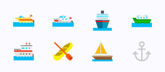 Sea, water transportation vector icons set. Isolated Sailboat, Speedboat, Motor boat, Cargo, Passenger Ship, Cruise, Ferry Boat, Canoe, Kayak, Anchor flat colored symbols collection