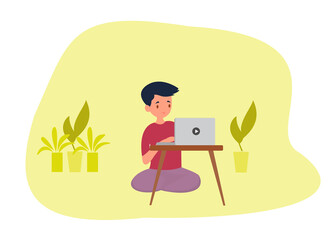 student with laptop,Illustration of Kid studying with the use of Laptop, notebook,Children and friend using laptop