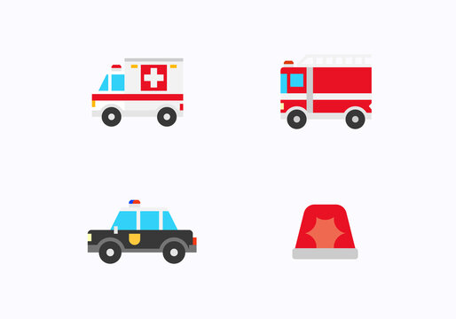 Emergency transport vector icons set. Isolated Ambulance, Fire Engine, Police Car, Siren Light flat colored symbols collection