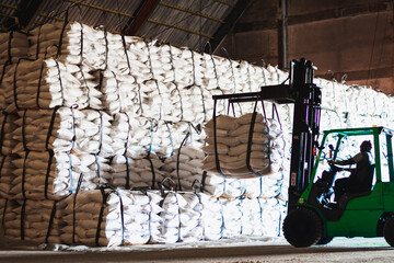 Forklift stacking up sugar bag inside warehouse, sugar warehouse operation. Agriculture product...