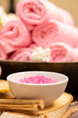 Obraz na płótnie Canvas Pink spa accessories salt and soap