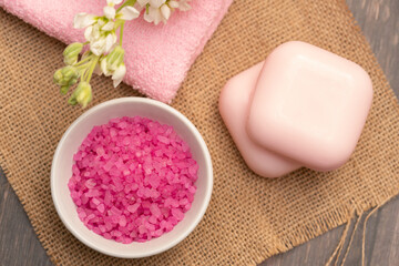 Pink spa accessories salt and soap