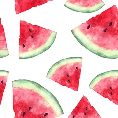 Tapeten Wassermelone Nahtloses Muster mit gezeichneten hellen Wassermelonenscheiben des Aquarells Hand