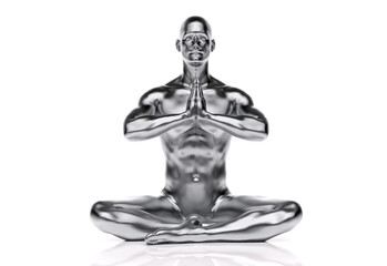 3D Render : A male character with silver texture meditating on the ground floor. 
