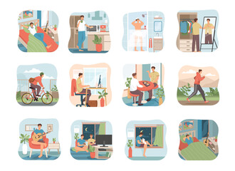 Daily routine of a young man. Set of daily life scenes. Sleeping, eating, working, exercise and playing game. Flat cartoon character illustration