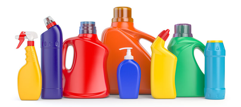 Set of detergent plastic bottles with chemical cleaning product on white background.