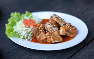 pork spare rib fried with bbq source