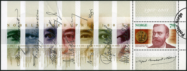 NORWAY - 2001: shows Alfred Bernhard Nobel (1833-1896), 2001 - obrazy, fototapety, plakaty