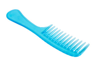 Closeup beautiful woman hair comb isolated on white background, Blue hairbrush isolated