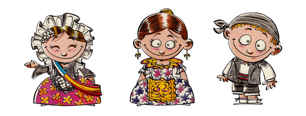 children with typical Valencian costumes from the Fallas and bonfires of San Juan (Novia, Fallera, and Saraguell)