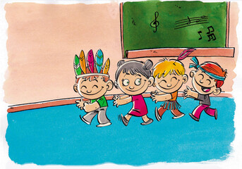 group of four boys and girls, playing in a music classroom, making a single file, with the first boy wearing a plume of feathers on his head