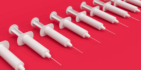 a row of conceptual white vaccines on a red background as symbol for helthcare. 3d render
