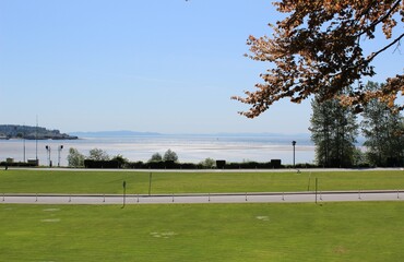 Sea water reflects sunshine on a spring afternoon from the view of a park