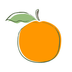 Fruit. Cute sour orange with green leaflets. Cartoon sketch, juicy citrus, delicious. Great for postcards, stickers, fabric and textile. White isolated background, vector illustration, print.