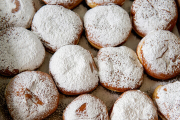 Fresh Tasty Hanukkah Donuts sold in the market in Haifa, Israel. View from above