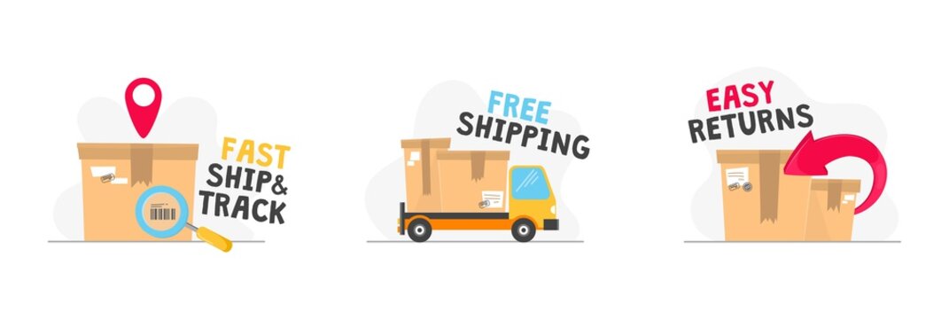 Fast ship track free shipping and easy returns vector illustration. Shipping icons labels flat style. Bright pics with inscriptions. Isolated on white background