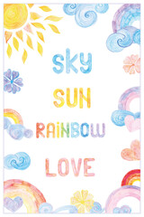 Fototapeta na wymiar Sun, sky, rainbow. Crayon drawing frame. Child drawing