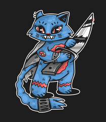 Fototapeta premium Funny illustration with Vector Cat holding knife. Modern character illustration.