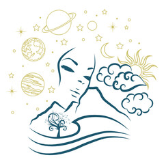 beautiful female face surrounded by landscape and universe, vector