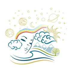 woman face surrounded by landscape and sky with planets, vector