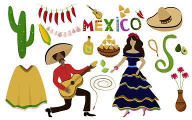 Fototapeta premium A set of illustrations in the Mexican style. The guy plays the guitar and the girl dances. Icons. Sombrero, cactus, tortilla, chili pepper, garlic, poncho, pottery, rosary, lime. Vector illustration.