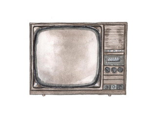 Watercolor illustration of a retro TV on a white background