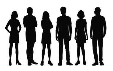 Set of vector silhouettes of  men and a women, a group of standing business people, black color isolated on white background